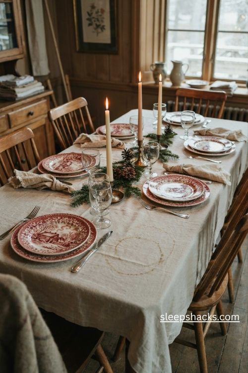 Vintage red transferware christmas plates with snowy cottage scenes and rustic linen table decor