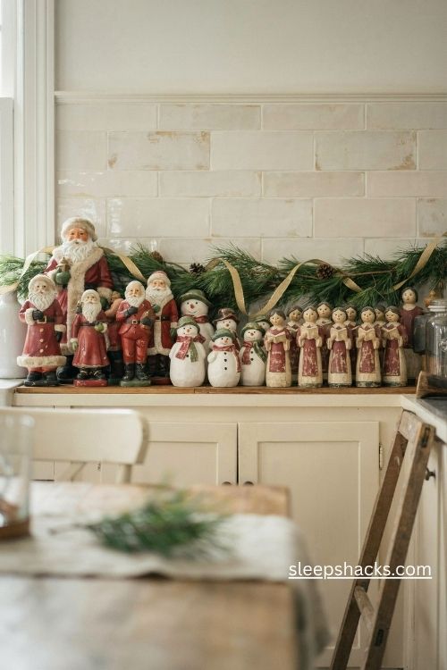 Vintage santa and snowman figurine collection displayed above kitchen cabinets with nostalgic christmas charm