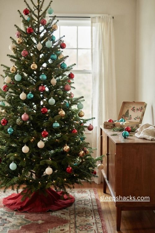 Vintage shiny brite christmas ornaments in colorful mid century glass on a nostalgic american christmas tree