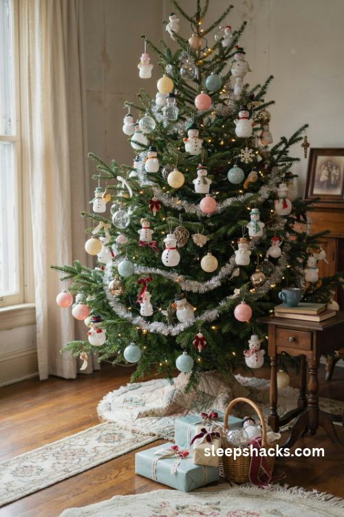 Vintage snowman Christmas tree with retro glass ornaments pastel bulbs and silver tinsel