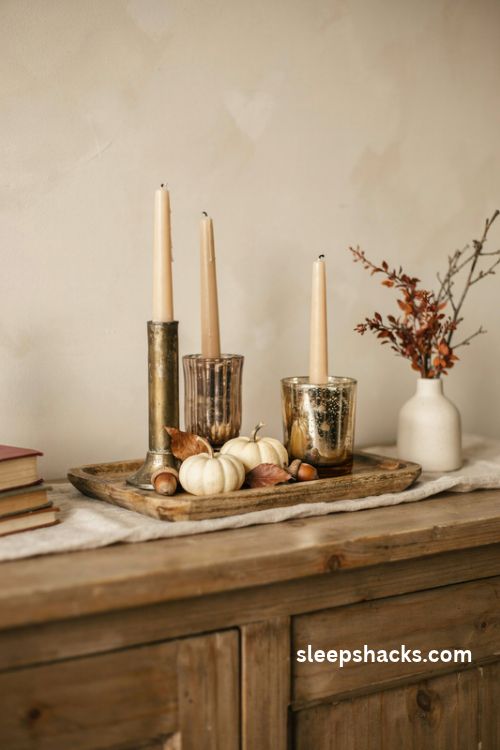 Vintage style candle holder makeover with aged brass bronze and gold finishes on a rustic wooden tray with acorns and mini pumpkins