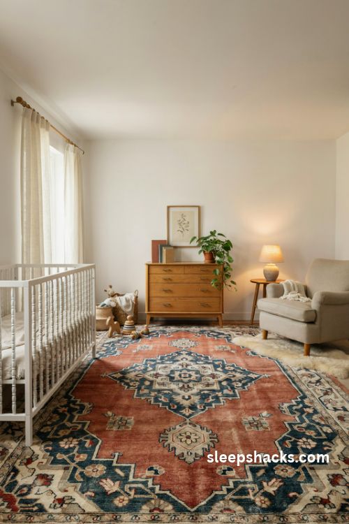 Vintage style nursery rug with faded red blue and cream patterns and cozy neutral decor