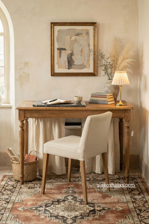 Vintage table home office with skirted console desk upholstered chair and marble tabletop 
