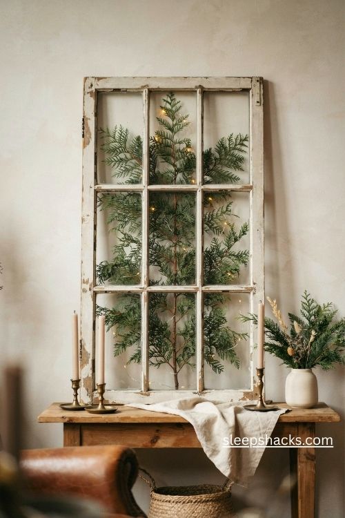 Vintage window frame cross christmas tree with warm lights and greenery on a rustic console table