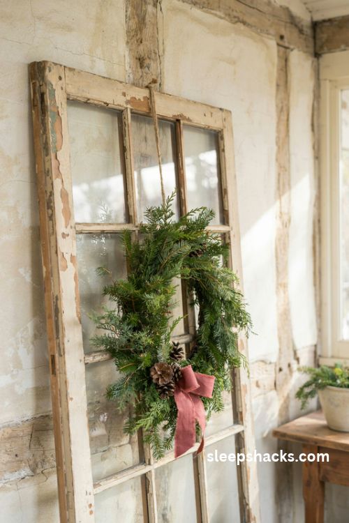 Vintage window frame with a small rustic christmas wreath pinecones and faded red bow against a farmhouse porch wall