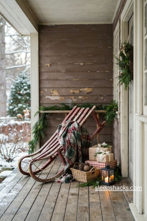 Vintage wooden sled with plaid blanket and wrapped christmas gifts on a cozy farmhouse porch