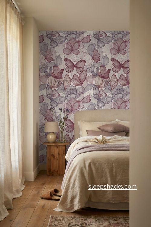 Violet and raspberry butterfly wallpaper accent wall in a dreamy purple bedroom
