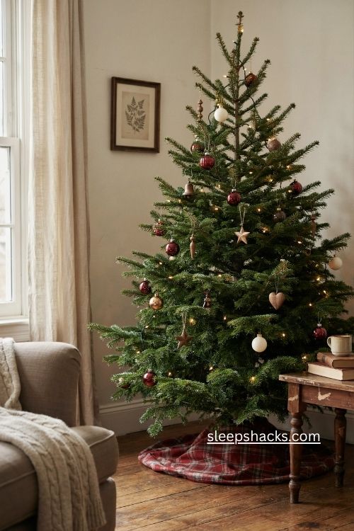 Virginia pine Christmas tree with heavy ornaments and deep red plaid holiday decor 