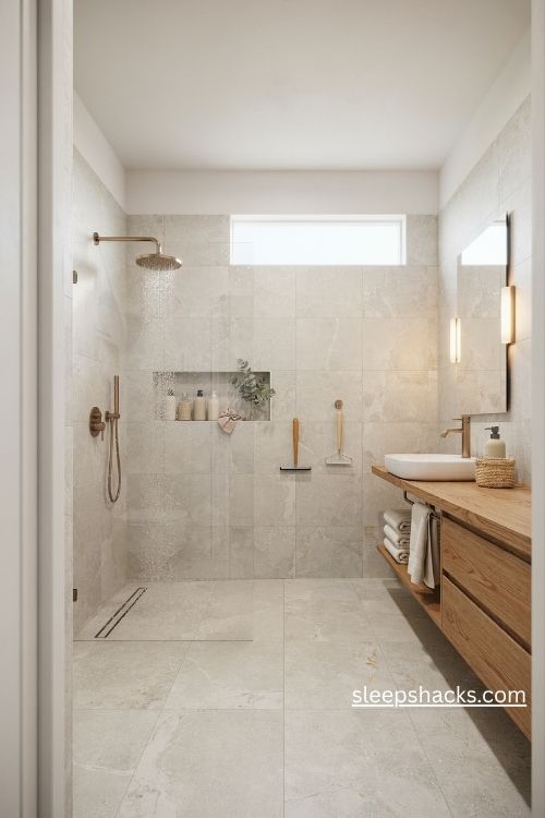 Walk in shower ensuite bathroom ideas with frameless glass and space saving design