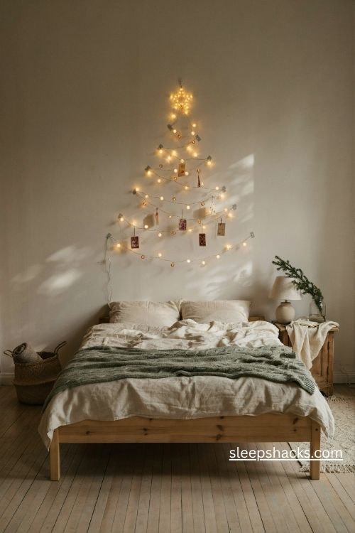 Wall christmas tree made of warm fairy lights with a glowing star and handmade ornaments in a cozy small bedroom