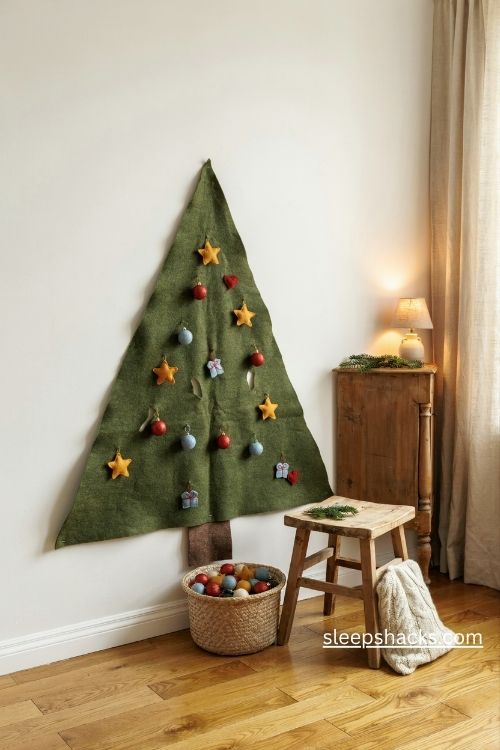 Wall hung felt Christmas tree for kids with colorful removable ornaments and a woven basket