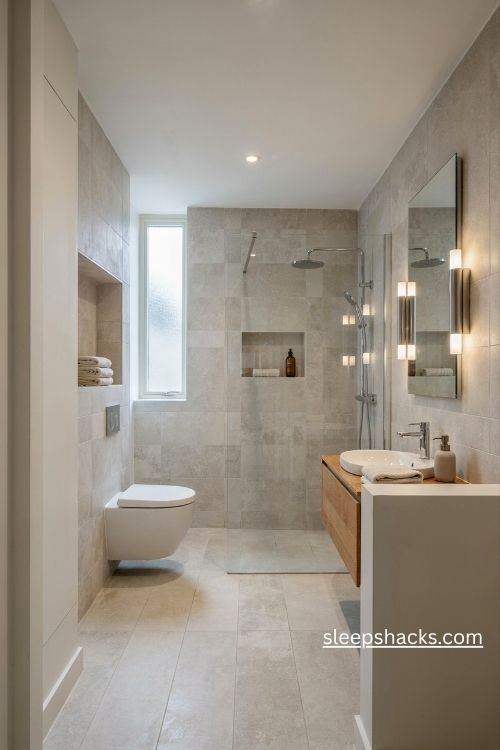 Wall hung toilet ensuite bathroom ideas with a concealed cistern and floating vanity