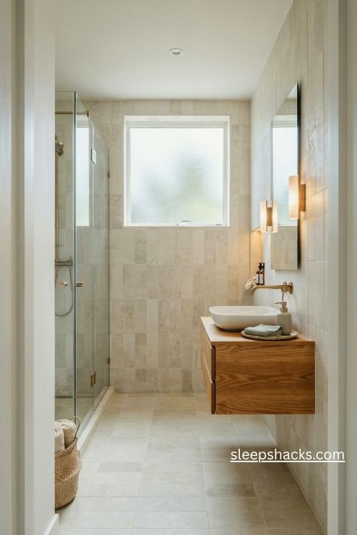 Wall hung vanity ensuite bathroom ideas with a slim basin and warm wood finish