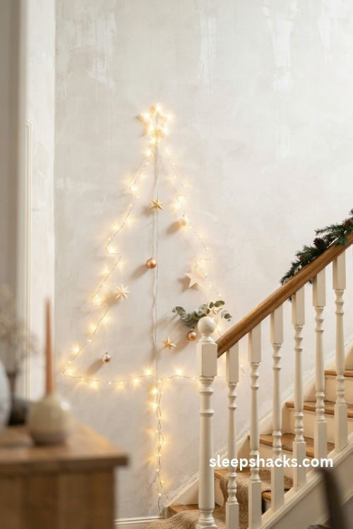 Wall mounted Christmas tree made from warm white fairy lights on a farmhouse stairwell wall with paper stars and a glowing star topper