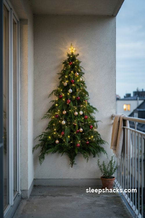 Wall mounted Christmas tree on a tiny apartment balcony with evergreen garland warm white fairy lights lightweight ornaments and a glowing star topper