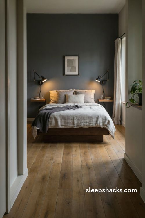 Wall mounted black swing arm sconces in a small men's bedroom with charcoal walls and walnut furniture