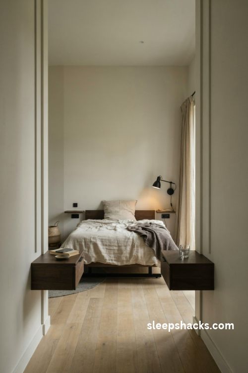 Wall mounted floating nightstands in a small men's bedroom with dark wood furniture and open floor space