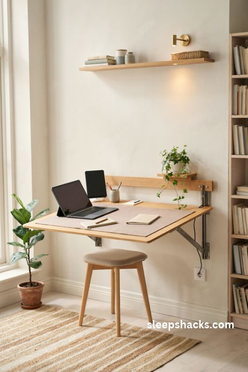 Wall mounted fold down desk home office for tiny spaces with a compact wooden workspace