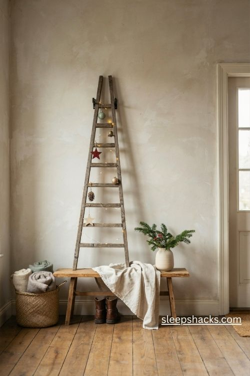 Wall mounted ladder wood christmas tree with rustic farmhouse entryway decor 
