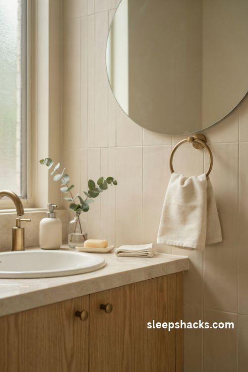 Wall mounted towel ring beside a bathroom vanity with ivory hand towel and brushed brass faucet