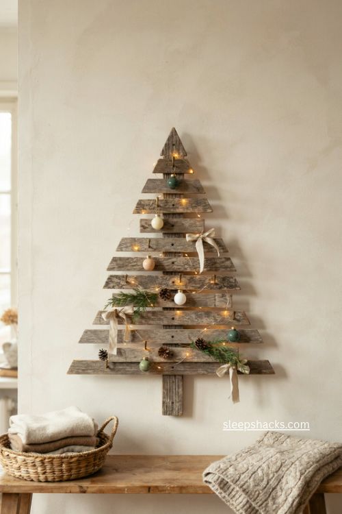 Wall mounted wooden christmas tree with rustic ornaments and warm lights 