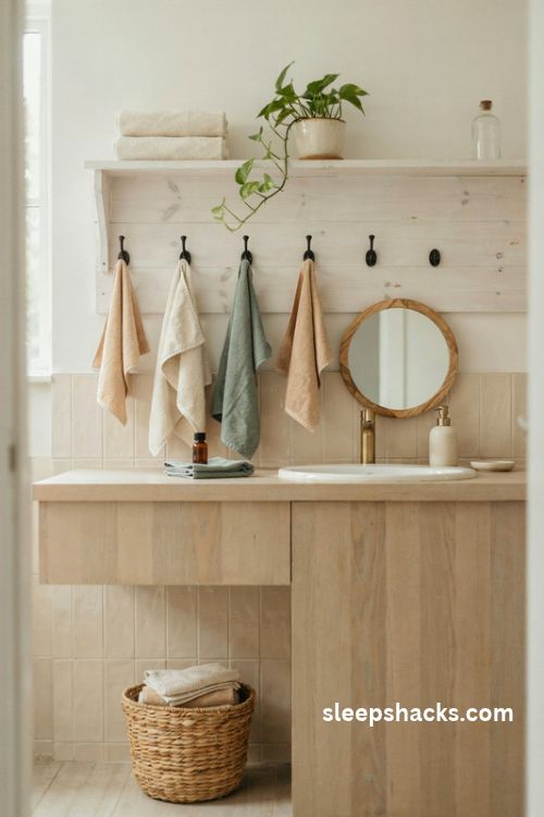 Wall mounted wooden towel shelf with hooks rolled towels and whitewashed farmhouse bathroom decor