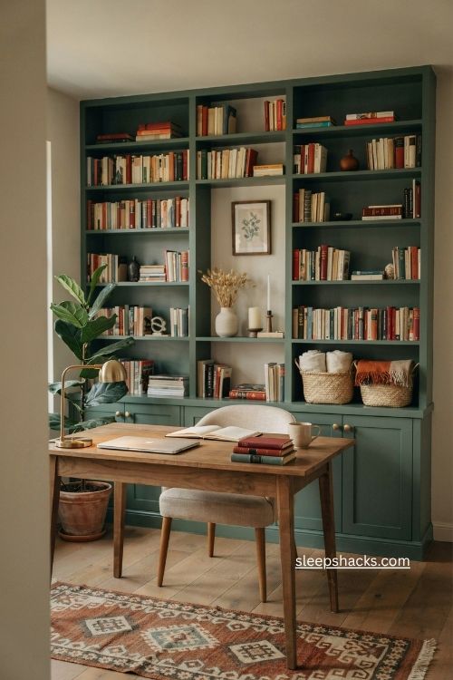 Wall of bookshelves behind a cozy home office desk with colorful decor