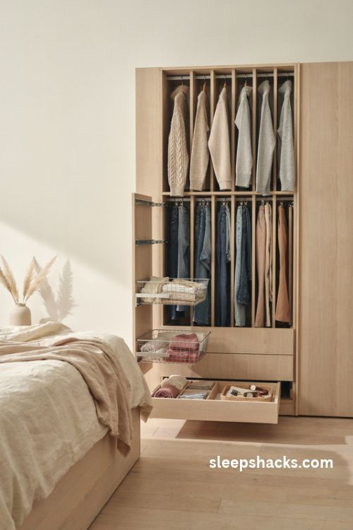 Wardrobe organization ideas with pull out drawers wire baskets and dividers for neatly folded clothes