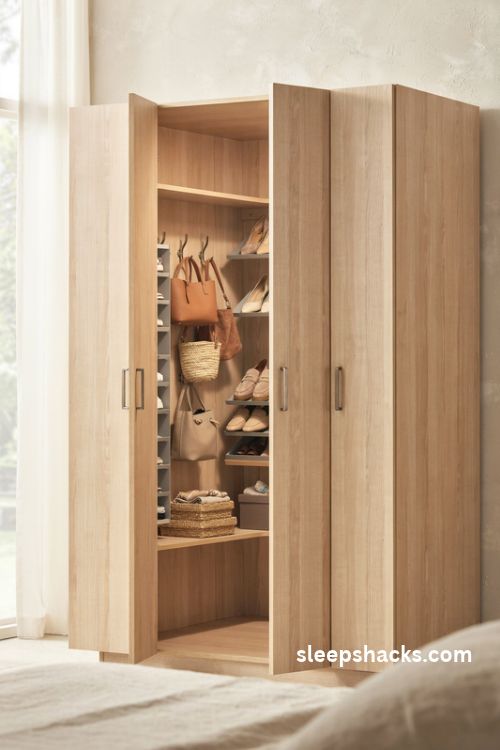Wardrobe organization with hidden shoe racks handbag hooks and slim door mounted storage