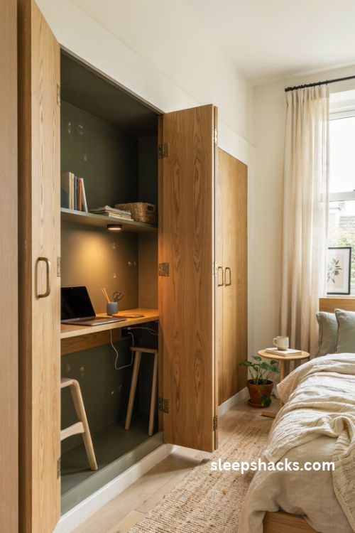 Wardrobe turned into a mini office with hidden desk in a small bedroom
