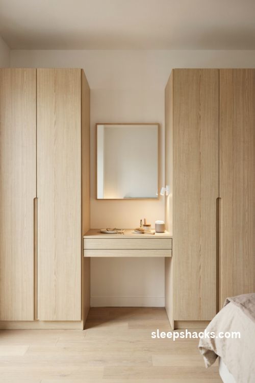 Wardrobe with built in dressing table mirror shallow drawers and space saving bedroom storage