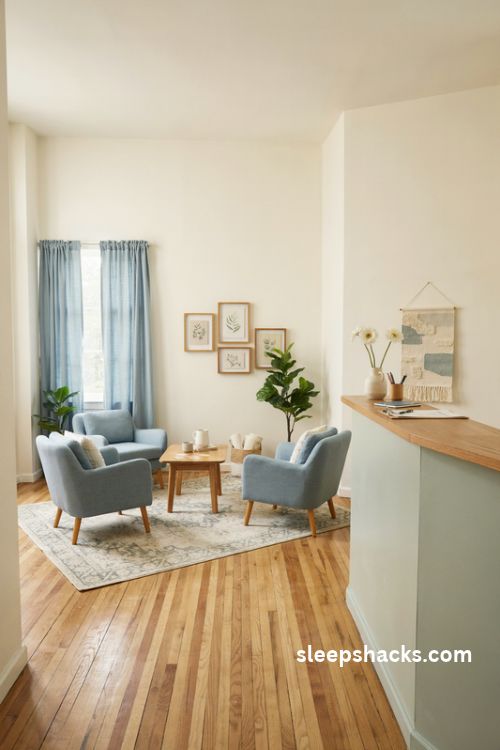 Warm and welcoming school office color palette with cream walls sage green and soft blue accents