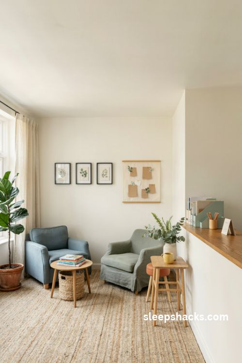 Warm and welcoming school office decor ideas with sage green accents and cozy seating