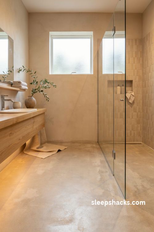 Warm beige microcement bathroom flooring with underfloor heating and a cozy vanity rug