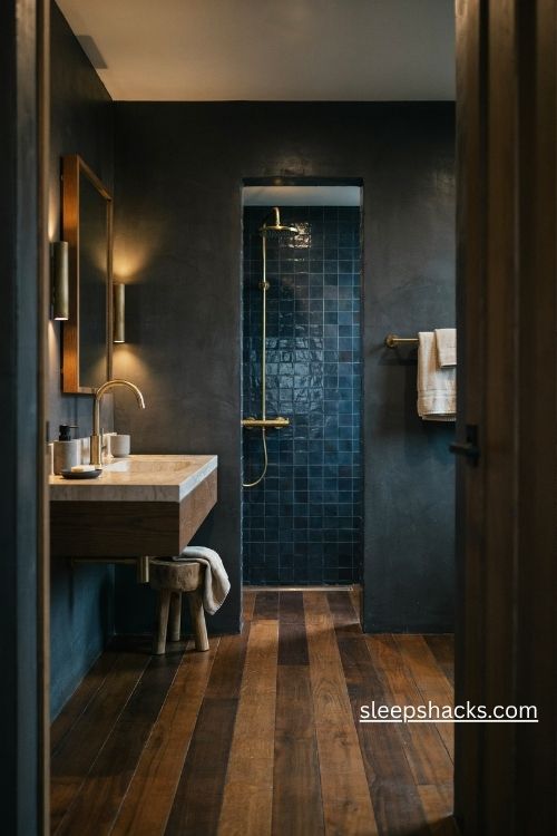 Warm brass bathroom fixtures against dark walls with natural wood and stone accents