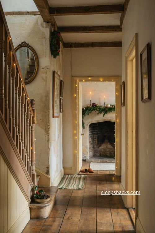 Warm christmas fairy lights on english country bannister mantel and doorways 