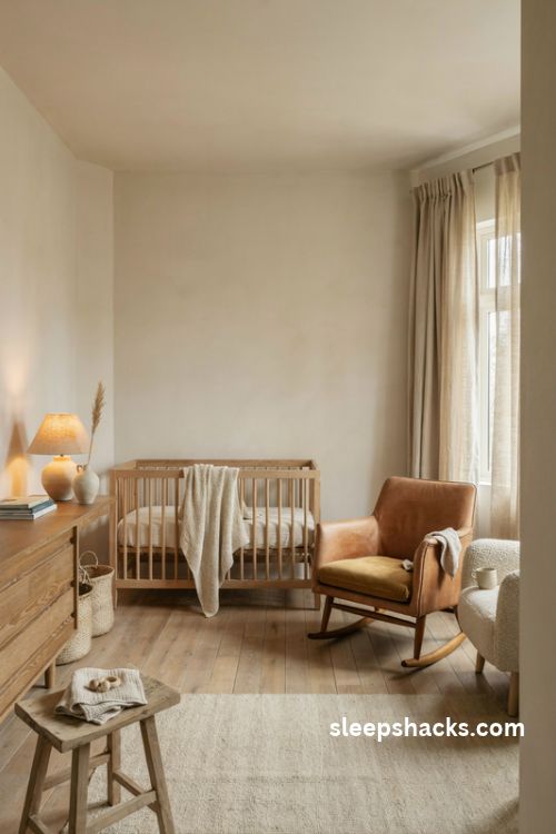 Warm cream and oatmeal gender neutral nursery with ivory bedding and natural wood