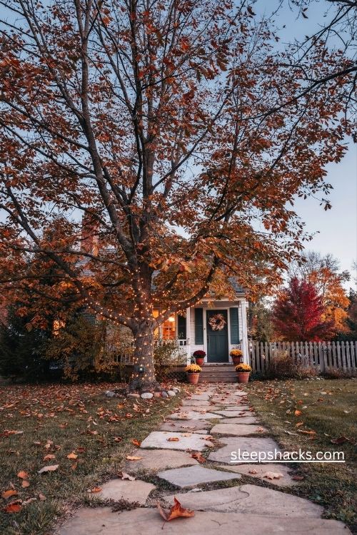 Warm fairy lights wrapped through autumn tree branches in a cozy front yard