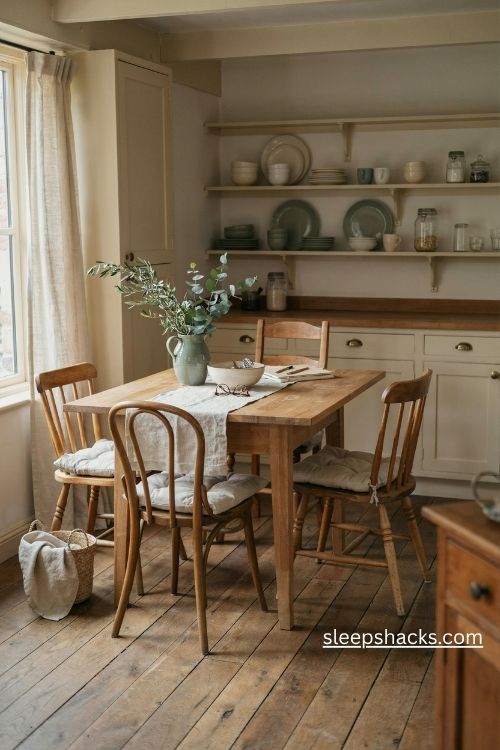 Warm farmhouse kitchen table ideas with natural wood, cozy seating, and simple everyday decor
