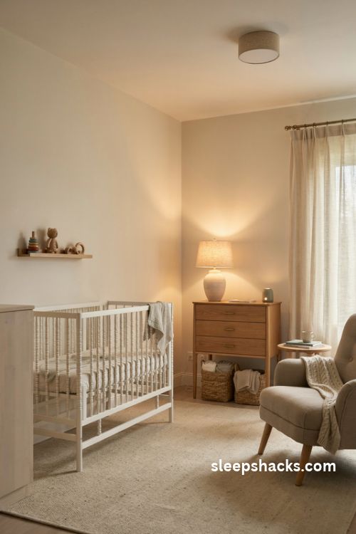 Warm layered nursery lighting with a soft table lamp cozy night light and neutral decor
