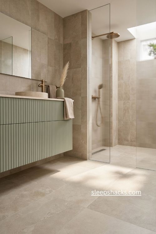 Warm minimalist bathroom with sage green fluted vanity beige tiles and gold accents