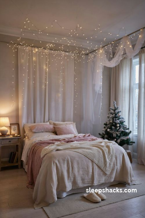 Warm pink fairy light canopy above an ivory bed with sheer white curtains and cozy blush christmas decor