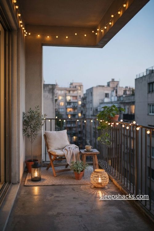 Warm string lights for a small flat balcony with cozy seating and soft evening lighting