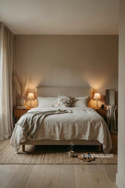 Warm taupe bedroom colour ideas with layered linen wool and brass accents