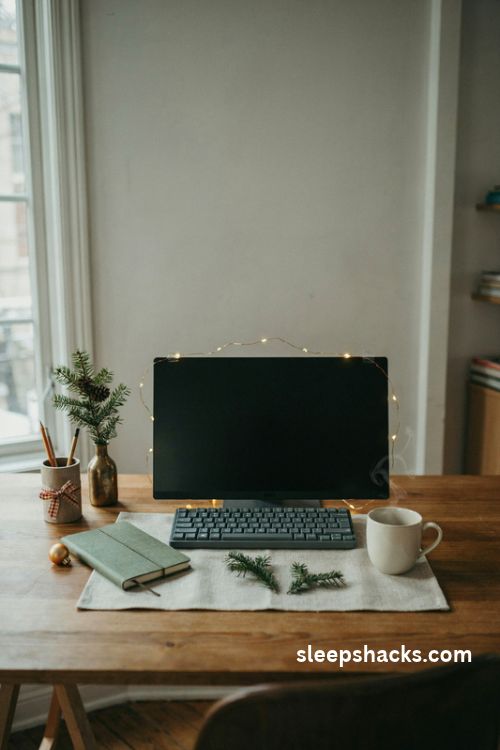 Warm white Christmas fairy lights around a computer monitor on a cozy festive desk