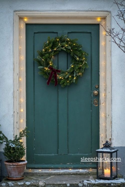 Warm white Christmas lights framing a green front door with an evergreen wreath at winter dusk