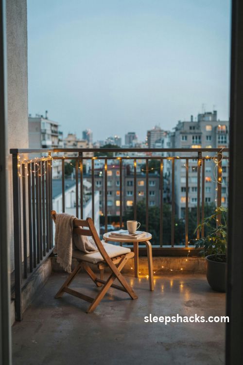 Warm white Christmas lights wrapped around a cozy apartment balcony railing