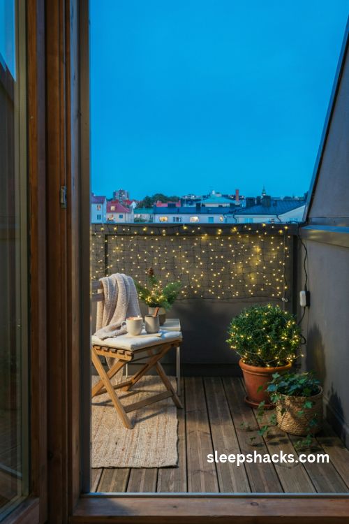 Warm white Christmas net lights on a balcony railing for an even sparkling glow