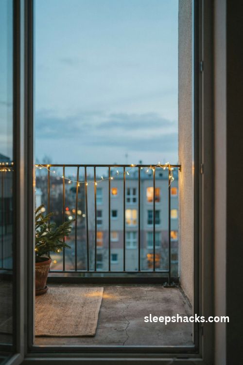 Warm white Christmas string lights woven along a small apartment balcony railing with cozy golden lighting and renter friendly clips