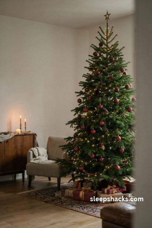 Warm white Christmas tree lights illuminating deep maroon and burgundy ornaments